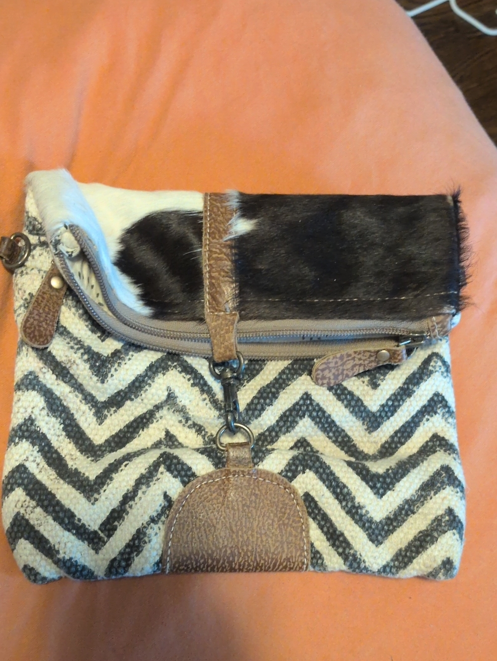 Handcrafted Myra Fold-Over Clutch in Black & White with Brown Leather Trim